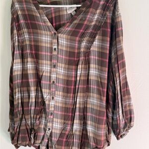 St. John's Bay Brown and Pink Plaid Blouse